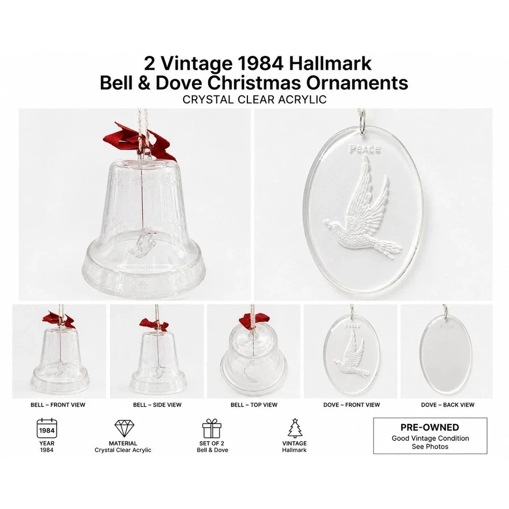 Vintage Clear Acrylic Christmas Bell Ornament Etch Snowflake Frosted Dove Peace